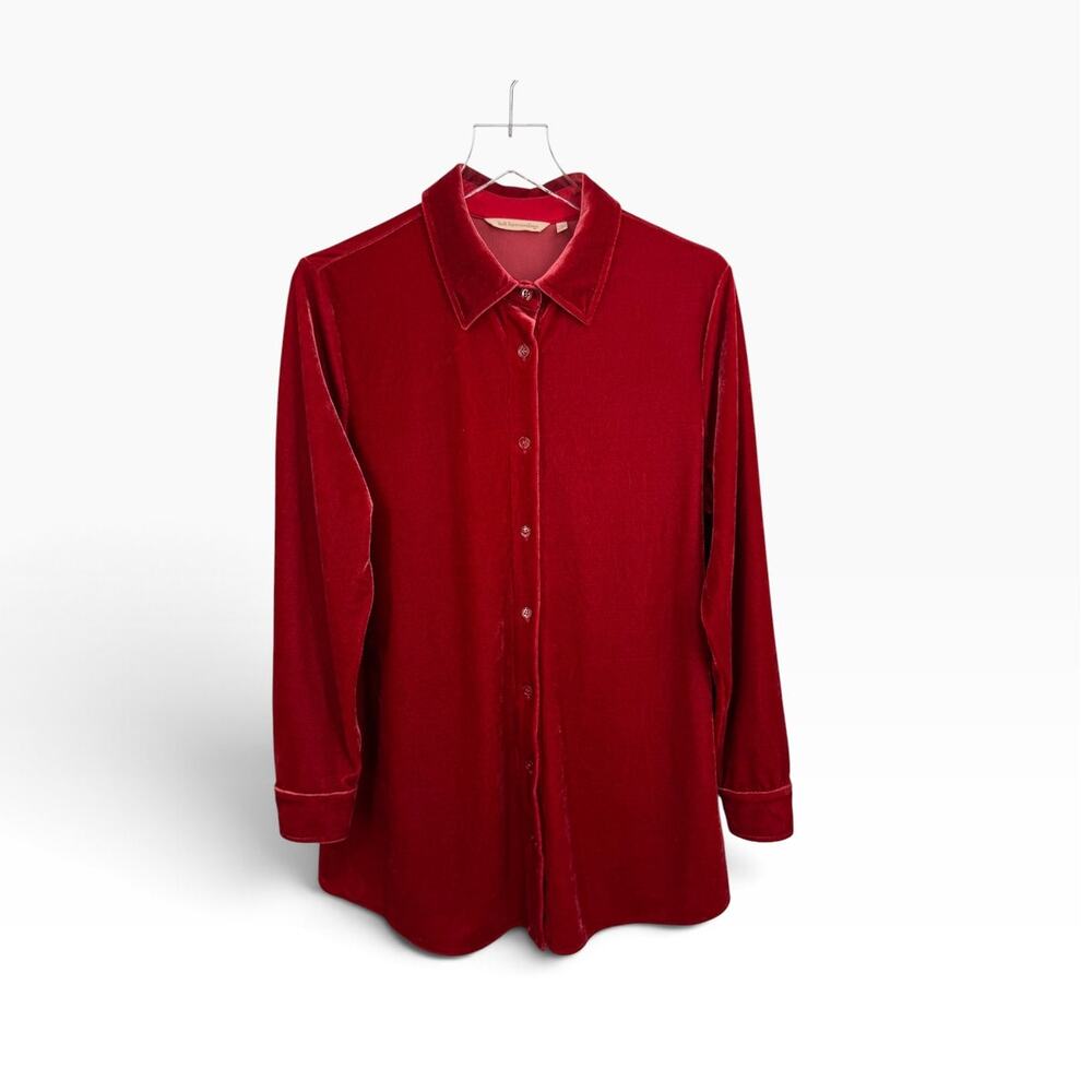Soft surroundings blouse M boyfriend velvet tunic button up collar holiday red